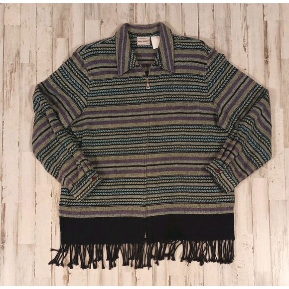 Vintage Napa Valley Fringe Jacket Full Zip Womens Large Southwestern Boho Stripe - Picture 1 of 12